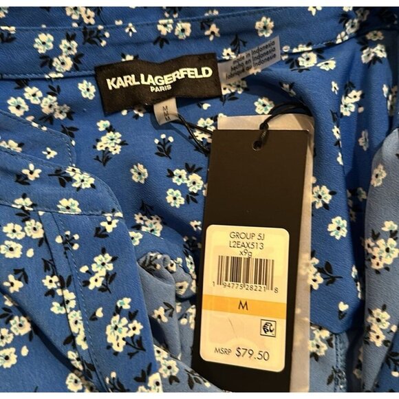 Karl Lagerfeld Womens Blouse Floral Blue Button Down Long Sleeve, Size M, NWT - Picture 6 of 6
